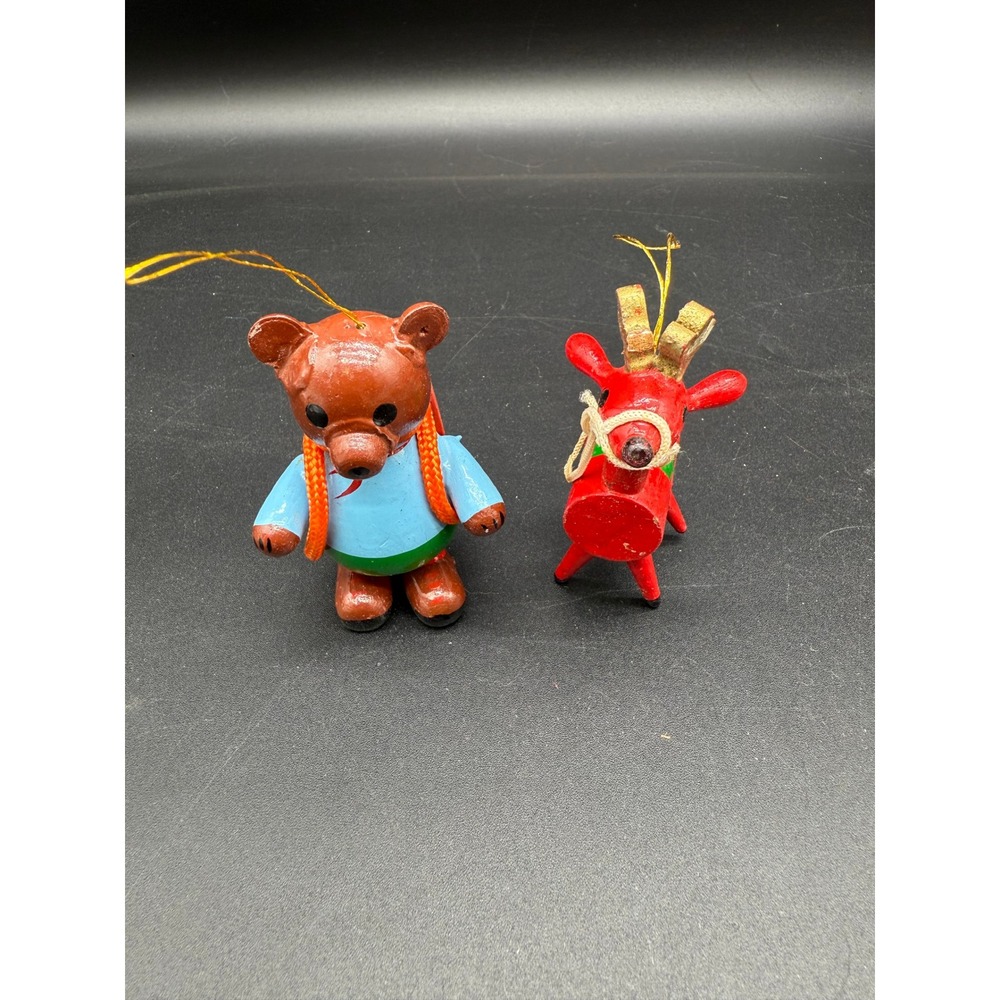 1980‎ R Dakin Wood Christmas Ornaments Bear and Red Reindeer Pair San Francisco